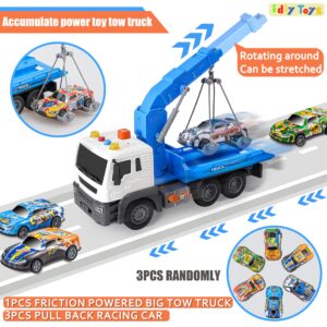 i diy Tow Truck Toy with Hook and 3pcs Pull-Back Race Car，Friction Powered Toy Tow Truck,Tow Truck with Light&Sounds, Toy Trucks for Boys Age 4-7,Construction Toy Truck