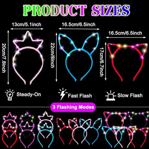 Maitys LED Light Up Glasses Luminous Led Headband Set LED Cat Ear Headband Bunny Ears Headband Crown Headband Colorful Glowing Sunglasses Glow in The Dark Party Favors Birthday Supplies (72 Pcs)