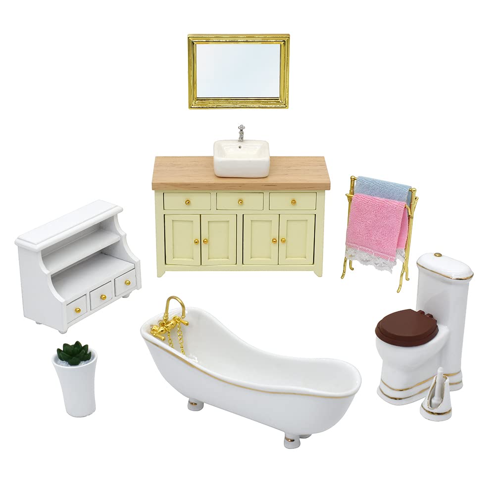 iLAND Dollhouse Furniture and Accessories 1/12 Scale of Dollhouse Bathroom Set incl Ceramic Dollhouse Toilet & Bathtub & Wooden Bathroom Vanity with Sink (Luxury 9pcs)