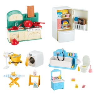 takihon dollhouse furniture set,dollhouse bathroom/kitchen/fridge/washing machine laundry set for kids,doll house miniature accessories,educational pretend play toys for toddler,boys,girls