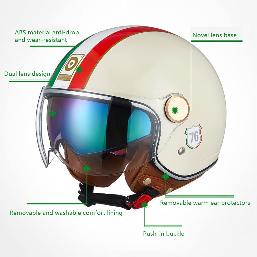 Open Face Helmets Light Breathable Street Sunscreen Moped Half Helmet with Sun Visor Cool Girl Style Retro Vespa Half Helmet for Men and Women Cruiser Scooter ATV, DOT Approved -E-L