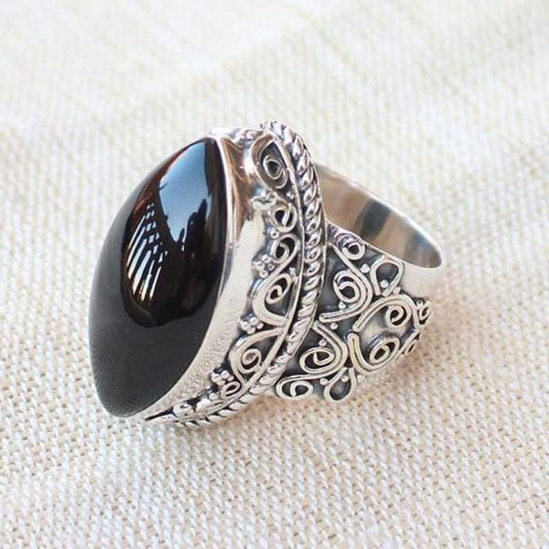 Black Onyx Ring, 925 Sterling Silver, Artisan Designer Ring, Marquise Gemstone Ring, Handmade Statement Ring, Boho Style, Wedding Promise Ring, Attractive Ring, Vintage Ring