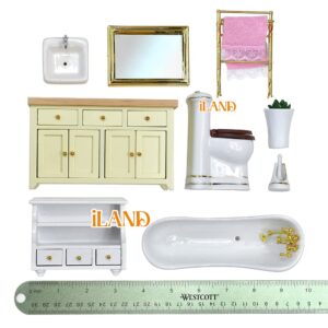 iLAND Dollhouse Furniture and Accessories 1/12 Scale of Dollhouse Bathroom Set incl Ceramic Dollhouse Toilet & Bathtub & Wooden Bathroom Vanity with Sink (Luxury 9pcs)