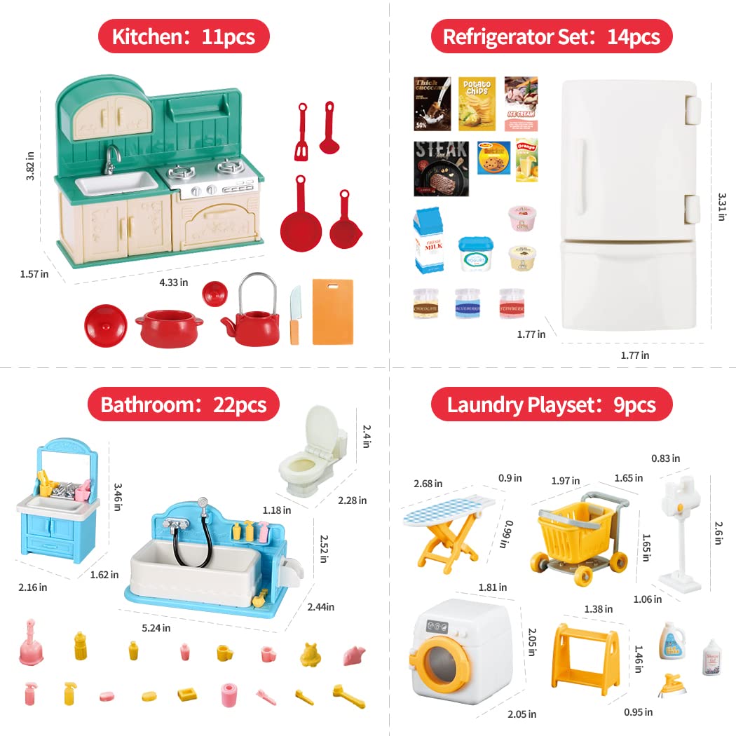 TAKIHON Dollhouse Furniture Set,Dollhouse Bathroom/Kitchen/Fridge/Washing Machine Laundry Set for Kids,Doll House Miniature Accessories,Educational Pretend Play Toys for Toddler,Boys,Girls