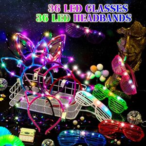 Maitys LED Light Up Glasses Luminous Led Headband Set LED Cat Ear Headband Bunny Ears Headband Crown Headband Colorful Glowing Sunglasses Glow in The Dark Party Favors Birthday Supplies (72 Pcs)