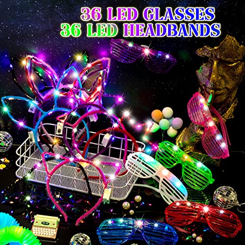 Maitys LED Light Up Glasses Luminous Led Headband Set LED Cat Ear Headband Bunny Ears Headband Crown Headband Colorful Glowing Sunglasses Glow in The Dark Party Favors Birthday Supplies (72 Pcs)