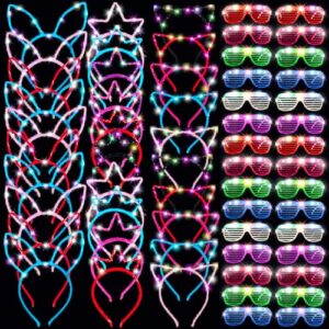 Maitys LED Light Up Glasses Luminous Led Headband Set LED Cat Ear Headband Bunny Ears Headband Crown Headband Colorful Glowing Sunglasses Glow in The Dark Party Favors Birthday Supplies (72 Pcs)