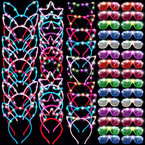 Maitys LED Light Up Glasses Luminous Led Headband Set LED Cat Ear Headband Bunny Ears Headband Crown Headband Colorful Glowing Sunglasses Glow in The Dark Party Favors Birthday Supplies (72 Pcs)