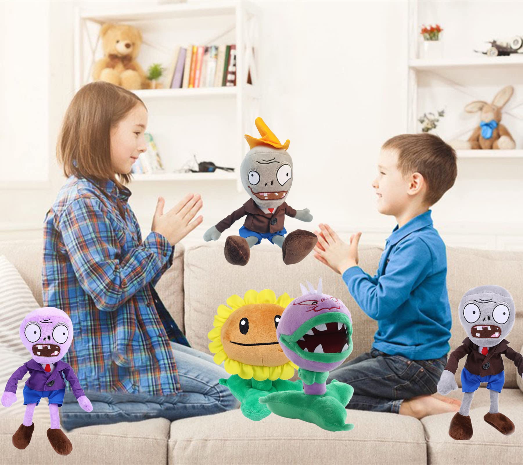 JHESAO 6 PCS Plants and Zombies PVZ Plush Zombies Plants Sets Toy Peashooter Conehead Zombie, 1 2 Stuffed Soft Chomper Doll Duck Zombie, Sunflower PVZ Figure Doll Purple Zombie New