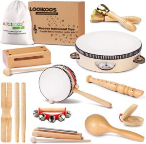 looikoos toddler musical instruments, eco friendly musical set for kids preschool educational, natural wooden percussion instruments musical toys for boys and girls with storage bag