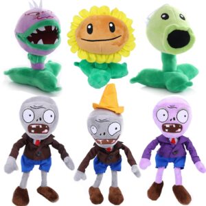 JHESAO 6 PCS Plants and Zombies PVZ Plush Zombies Plants Sets Toy Peashooter Conehead Zombie, 1 2 Stuffed Soft Chomper Doll Duck Zombie, Sunflower PVZ Figure Doll Purple Zombie New