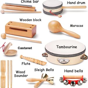 LOOIKOOS Toddler Musical Instruments, Eco Friendly Musical Set for Kids Preschool Educational, Natural Wooden Percussion Instruments Musical Toys for Boys and Girls with Storage Bag