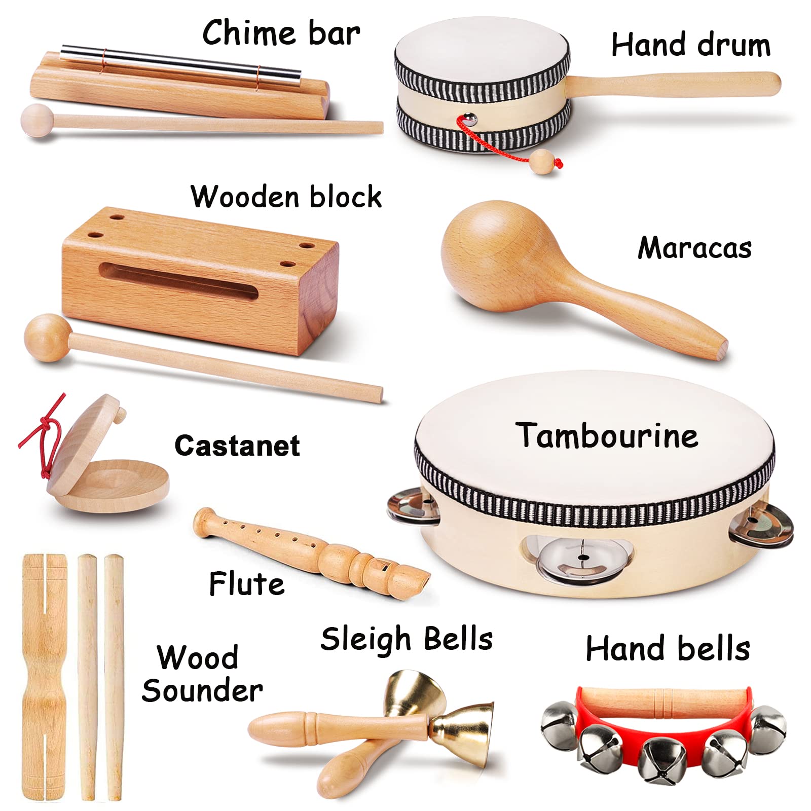 LOOIKOOS Toddler Musical Instruments, Eco Friendly Musical Set for Kids Preschool Educational, Natural Wooden Percussion Instruments Musical Toys for Boys and Girls with Storage Bag