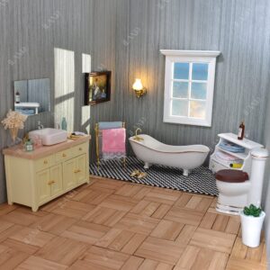 iLAND Dollhouse Furniture and Accessories 1/12 Scale of Dollhouse Bathroom Set incl Ceramic Dollhouse Toilet & Bathtub & Wooden Bathroom Vanity with Sink (Luxury 9pcs)