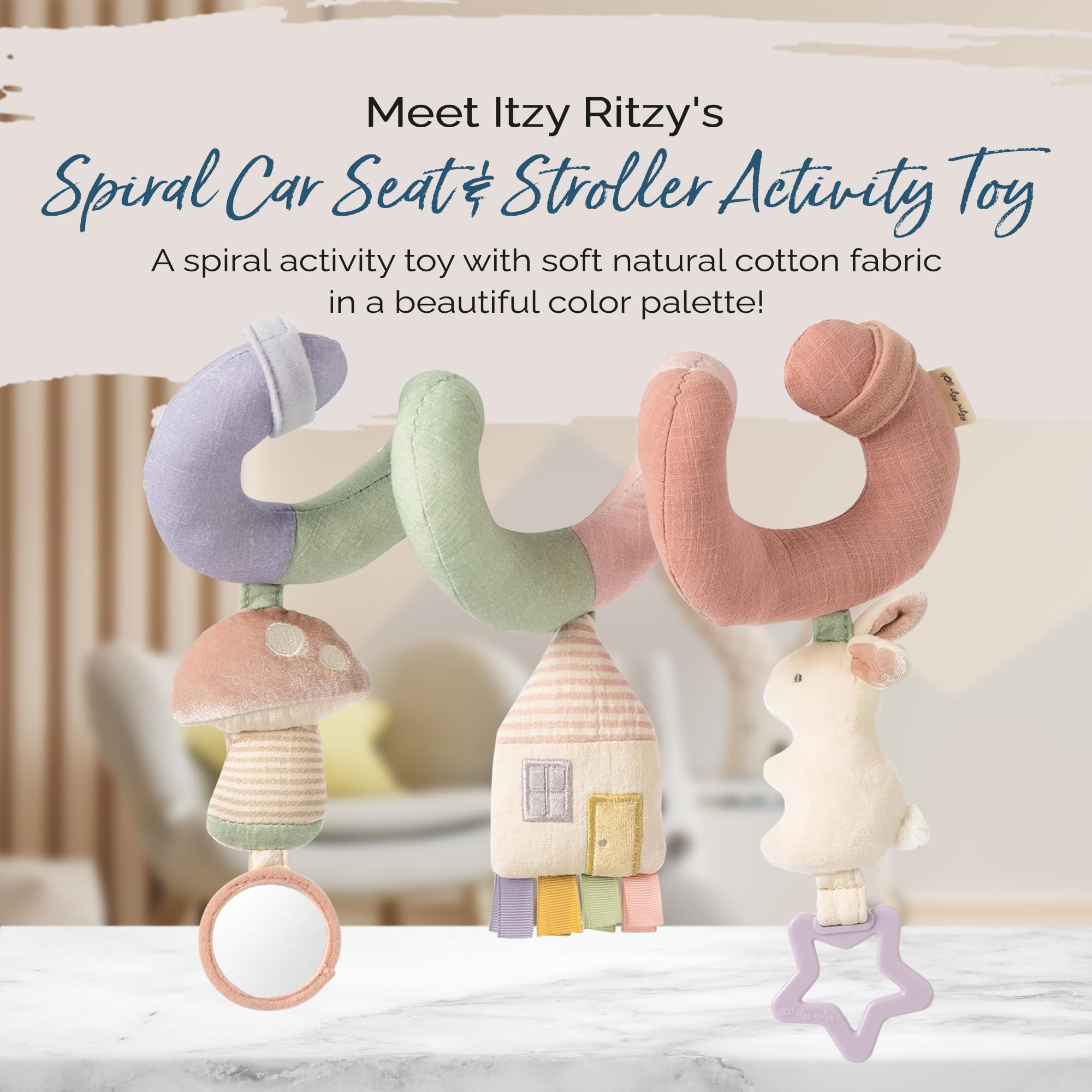 Itzy Ritzy Spiral Car Seat & Stroller Activity Toy - Stroller & Car Seat Toys for Ages 0 Months and Up - Hanging Toys Include Dangling Ring, Mirror and Textured Ribbons (Pastel Rainbow)