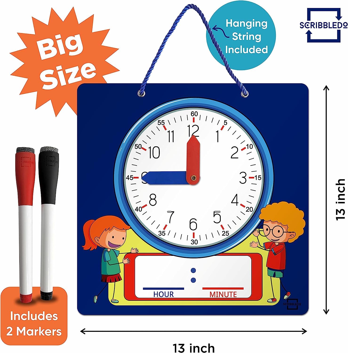 Scribbledo Writable Dry Erase Learning Clock for Kids Write & Wipe Demonstration Clock for Kids Learning to Tell Time Classrooms and Homeschool Supplies