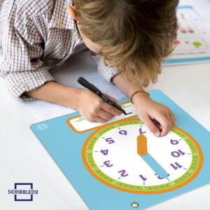 Scribbledo Writable Dry Erase Learning Clock for Kids Write & Wipe Demonstration Clock for Kids Learning to Tell Time Classrooms and Homeschool Supplies