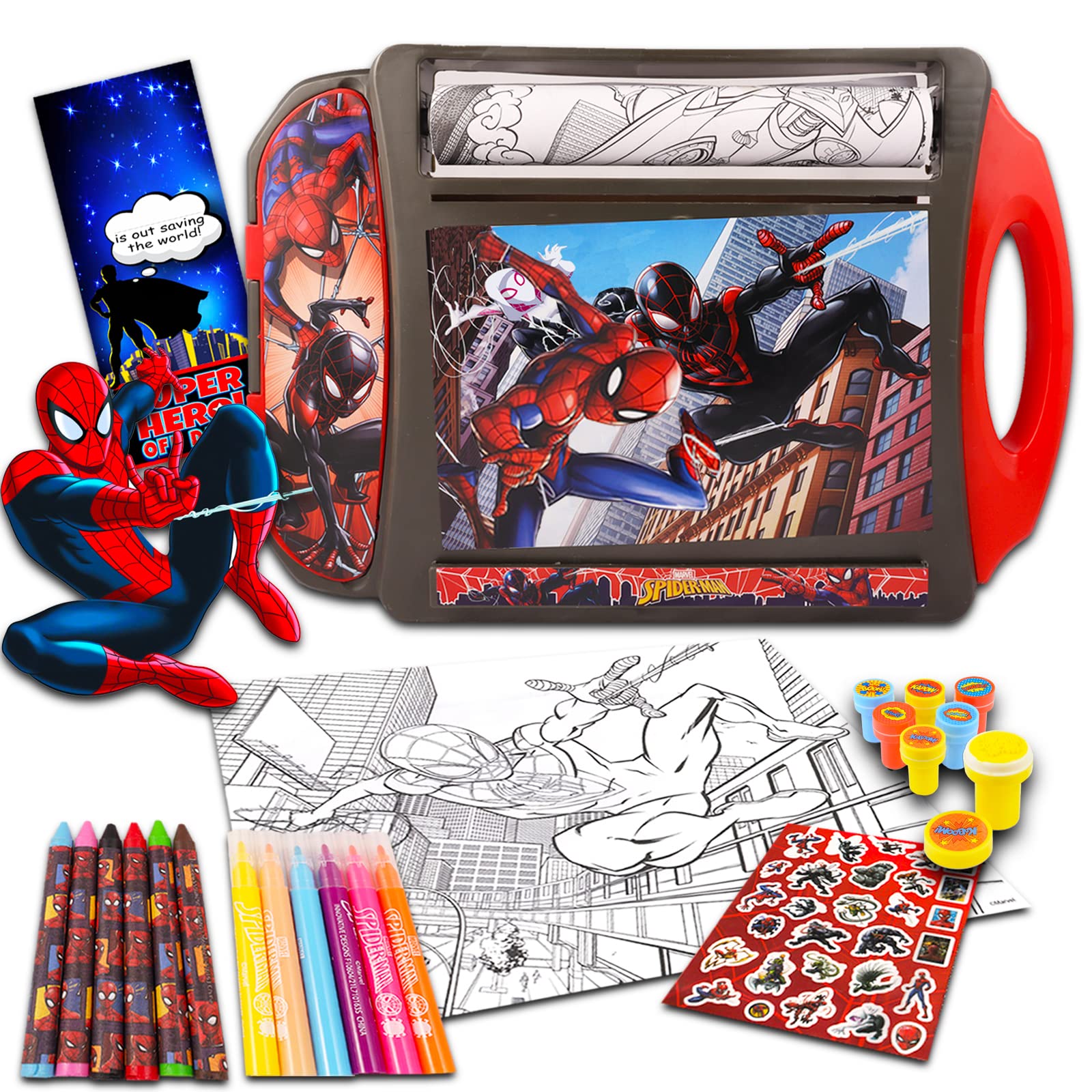 Beach Kids Marvel Spiderman Art Desk Set - Spiderman Lap Desk Bundle with Coloring Pages, Coloring Utensils, Stickers and More (Superhero Arts and Crafts)