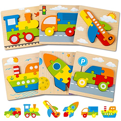 Wooden Vehicle Puzzles Toy Gift for 1, 2, 3 Years Old Boys Girls, Toddler Best Birthday Gift with 6 Vehicle Baby Montessori Color Shapes Learning Puzzles - Kids Educational Developmental Toys