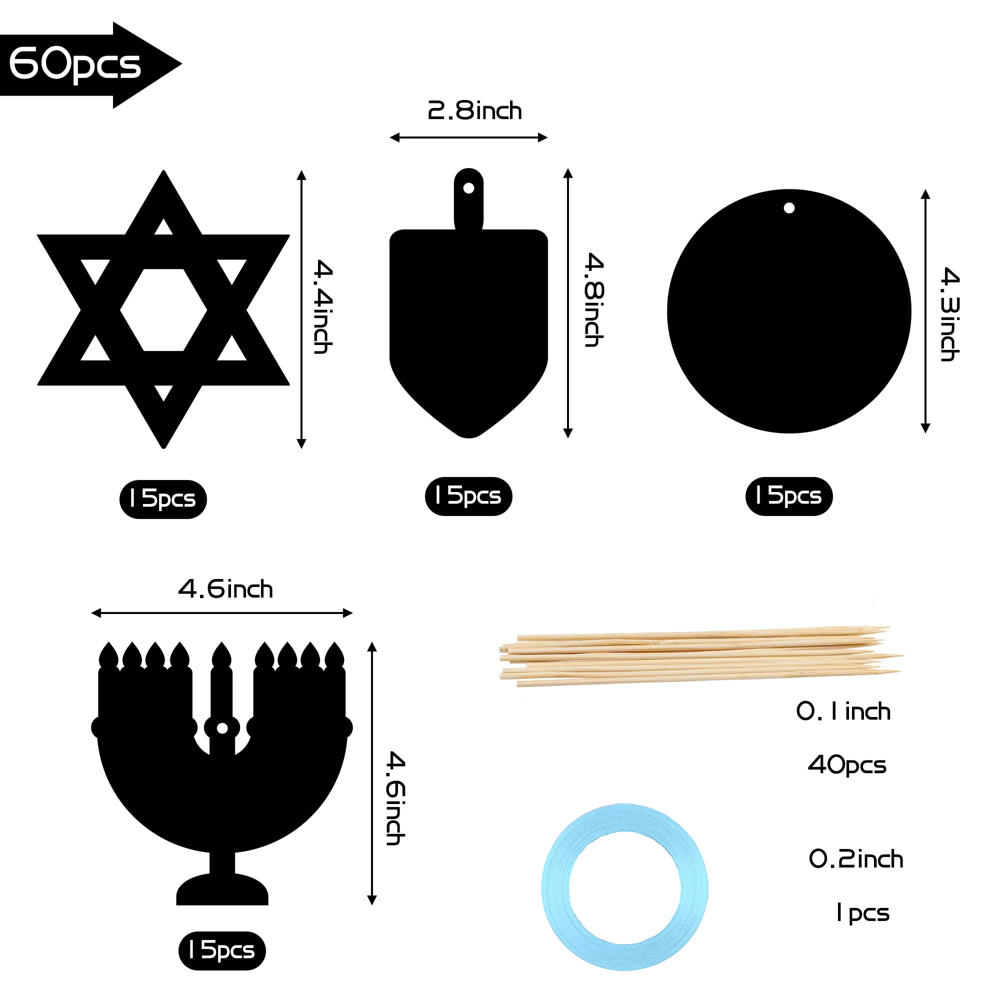 WATINC 60pcs Hanukkah Scratch Paper Art Craft Set DIY Chanukah Party Themed Magic Scratch Off Cards for Kids, Star of David Menorah Dreidel Gold Coin Color Drawing Christmas School Supplies