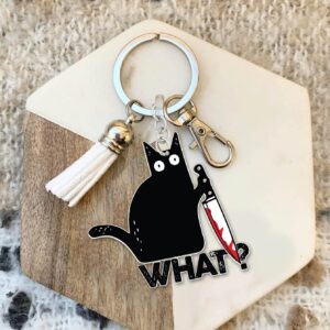 DongNaiWin Black Cat What Funny and Cute Black Cat Metal Keychains - Funny Bag Charm for Men and Women