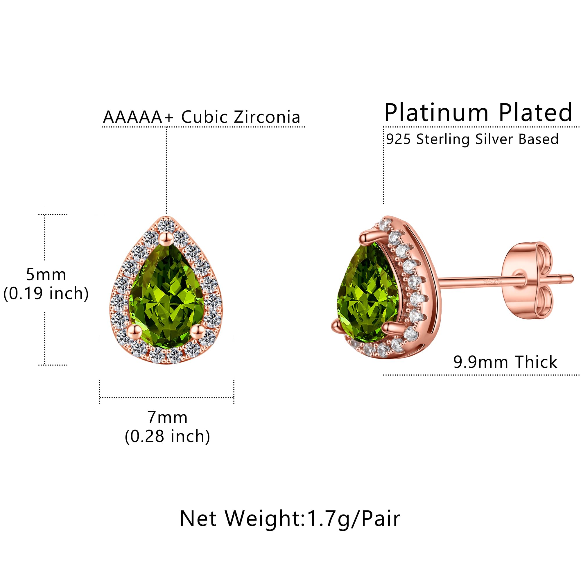 August Peridot Birthstone Stud Earrings for Women, Natural Peridot Birthstone Earrings 18K White Gold Plated S925 Sterling Silver Pear Cut Genuine Peridot August Birthstone Earrings for Women Mother