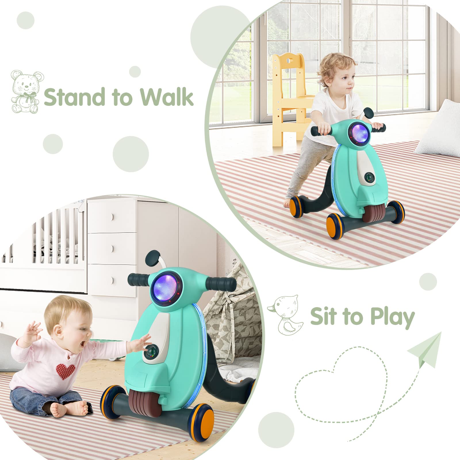 BABY JOY 2 in 1 Sit to Stand Learning Walker, Early Education Activity Center with Lights, Sounds and Ball Game, Baby Push Walker for Toddler Boys Girls (Green)