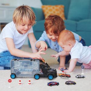 Golden Wheel Trucks Transport Car Carrier Toy: with 6 Race Vehicles Pull Back Cars - Hot Toy Cars for 3 4 5 6 Year Old Boys Girls Birthday Gifts - with Free Online Games