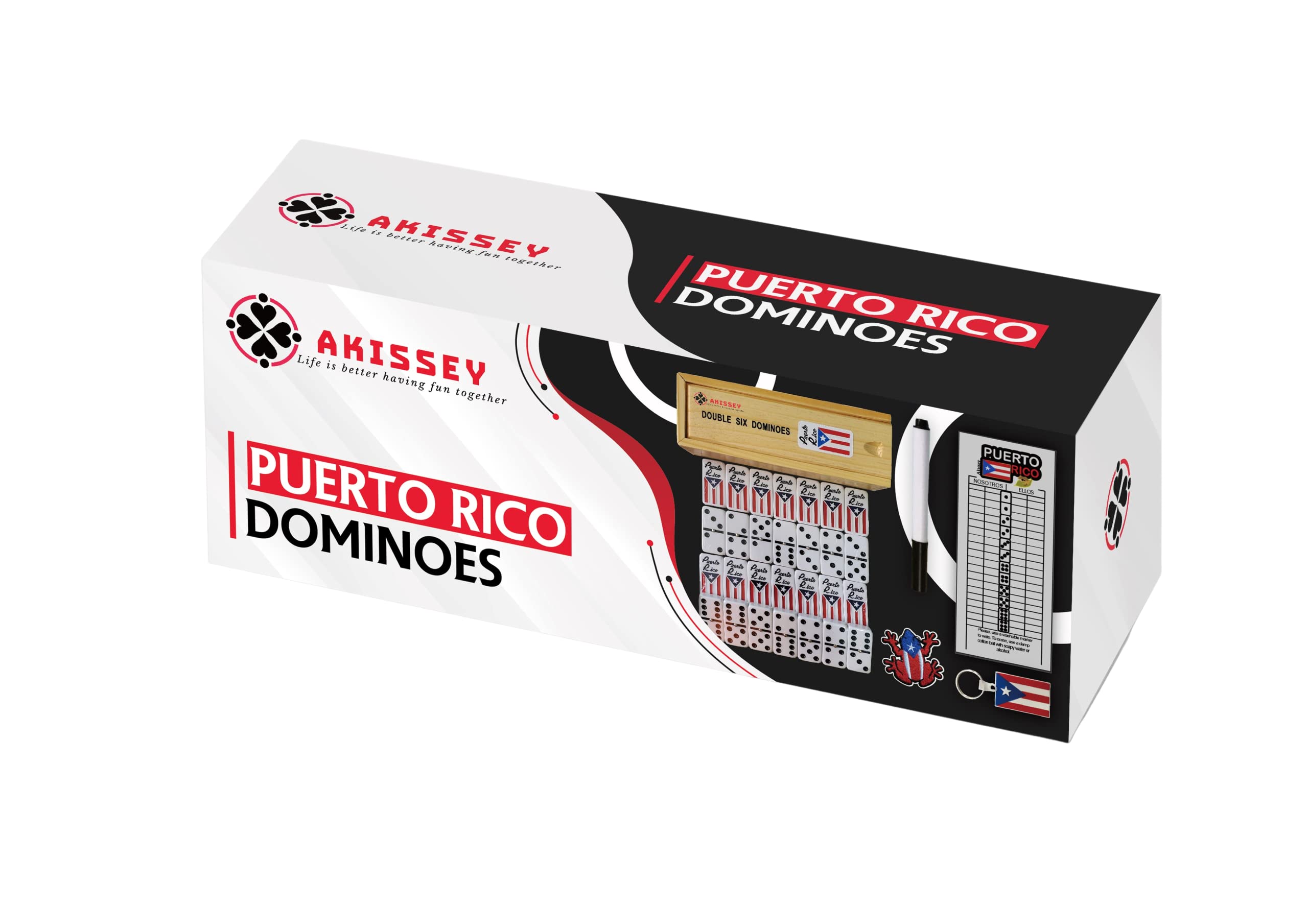 Puerto Rico Dominoes, Puerto Rican Dominoes with Flag Engraved, Puerto Rico Dominos with a Scorecard, Coqui Patch and Boricua Pride Keyfob