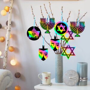 WATINC 60pcs Hanukkah Scratch Paper Art Craft Set DIY Chanukah Party Themed Magic Scratch Off Cards for Kids, Star of David Menorah Dreidel Gold Coin Color Drawing Christmas School Supplies