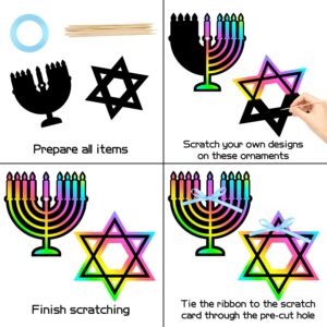 WATINC 60pcs Hanukkah Scratch Paper Art Craft Set DIY Chanukah Party Themed Magic Scratch Off Cards for Kids, Star of David Menorah Dreidel Gold Coin Color Drawing Christmas School Supplies