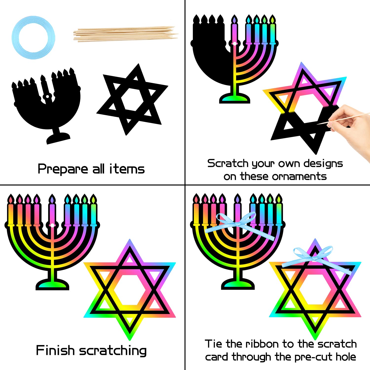 WATINC 60pcs Hanukkah Scratch Paper Art Craft Set DIY Chanukah Party Themed Magic Scratch Off Cards for Kids, Star of David Menorah Dreidel Gold Coin Color Drawing Christmas School Supplies