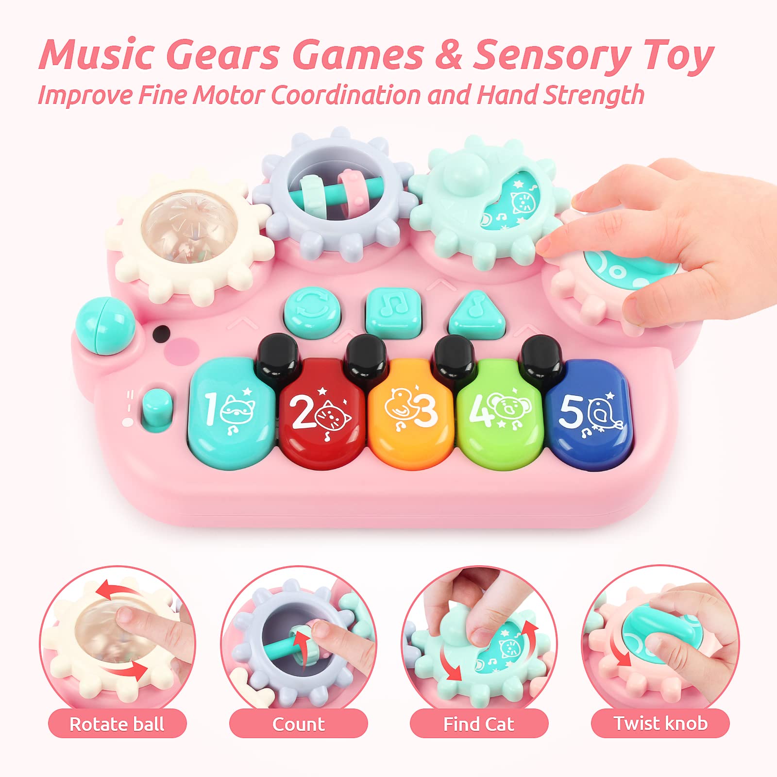 BAOLI Baby Piano Toys 18 Months, Kids Piano Keyboard with Gears Game, Light Up Musical Toys for Toddlers Boys Girls, Early Educational Music Toy, Kids Birthday Gift Pink