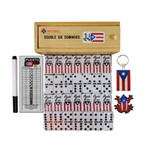 Puerto Rico Dominoes, Puerto Rican Dominoes with Flag Engraved, Puerto Rico Dominos with a Scorecard, Coqui Patch and Boricua Pride Keyfob