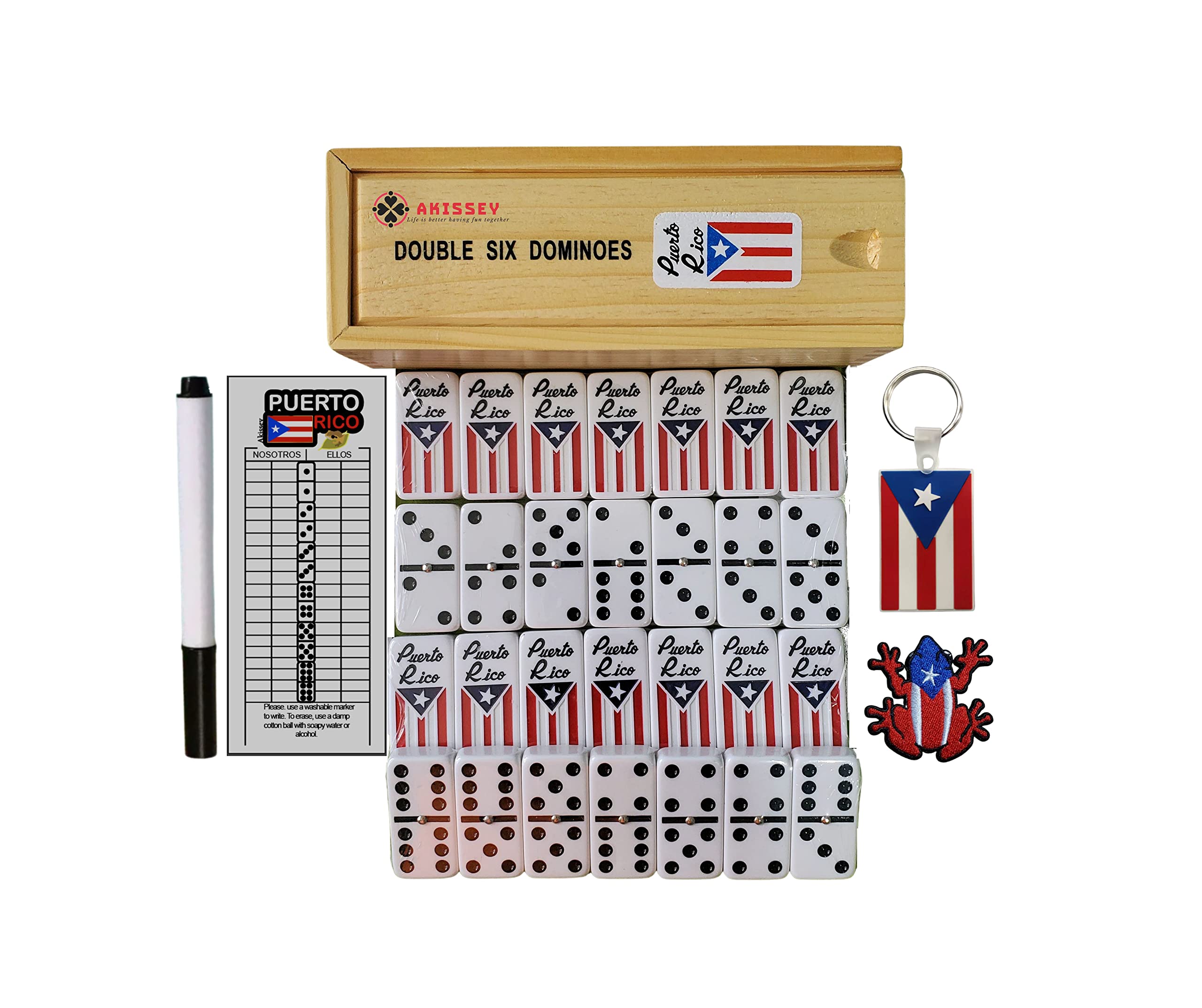 Puerto Rico Dominoes, Puerto Rican Dominoes with Flag Engraved, Puerto Rico Dominos with a Scorecard, Coqui Patch and Boricua Pride Keyfob