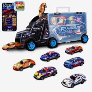 golden wheel trucks transport car carrier toy: with 6 race vehicles pull back cars - hot toy cars for 3 4 5 6 year old boys girls birthday gifts - with free online games