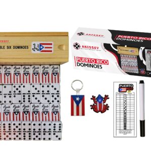 Puerto Rico Dominoes, Puerto Rican Dominoes with Flag Engraved, Puerto Rico Dominos with a Scorecard, Coqui Patch and Boricua Pride Keyfob