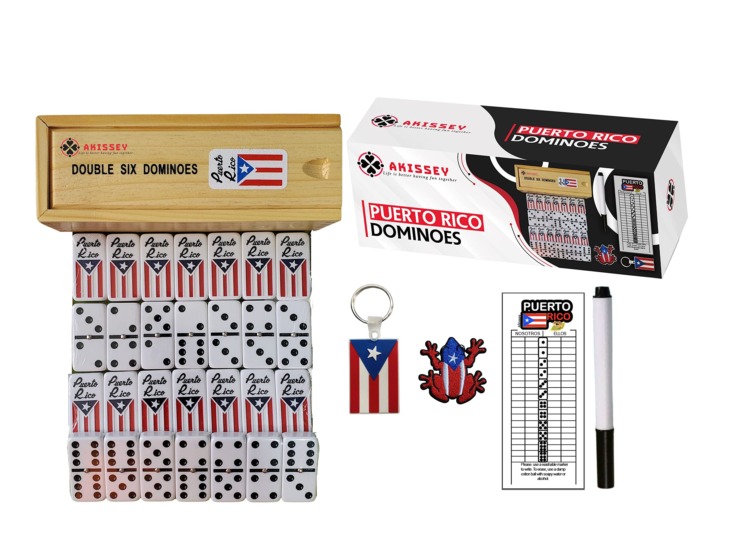 Puerto Rico Dominoes, Puerto Rican Dominoes with Flag Engraved, Puerto Rico Dominos with a Scorecard, Coqui Patch and Boricua Pride Keyfob