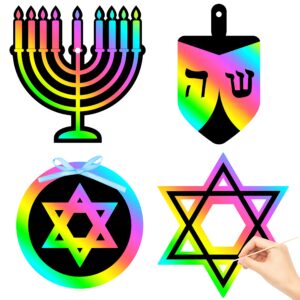 watinc 60pcs hanukkah scratch paper art craft set diy chanukah party themed magic scratch off cards for kids, star of david menorah dreidel gold coin color drawing christmas school supplies