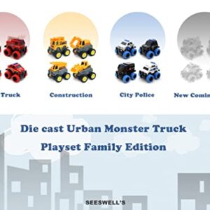 SEESWELL Pull Back Die-cast Alloy City Police Car Vehicles Playset, Monster Truck,Friction Powered Toy Cars,4 Pack,Toys for 3+ Years Old Kids,Christmas/Birthday Gift for Boys & Girls,Party Favors…