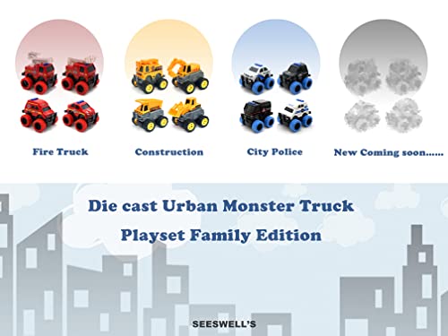 SEESWELL Pull Back Die-cast Alloy City Police Car Vehicles Playset, Monster Truck,Friction Powered Toy Cars,4 Pack,Toys for 3+ Years Old Kids,Christmas/Birthday Gift for Boys & Girls,Party Favors…