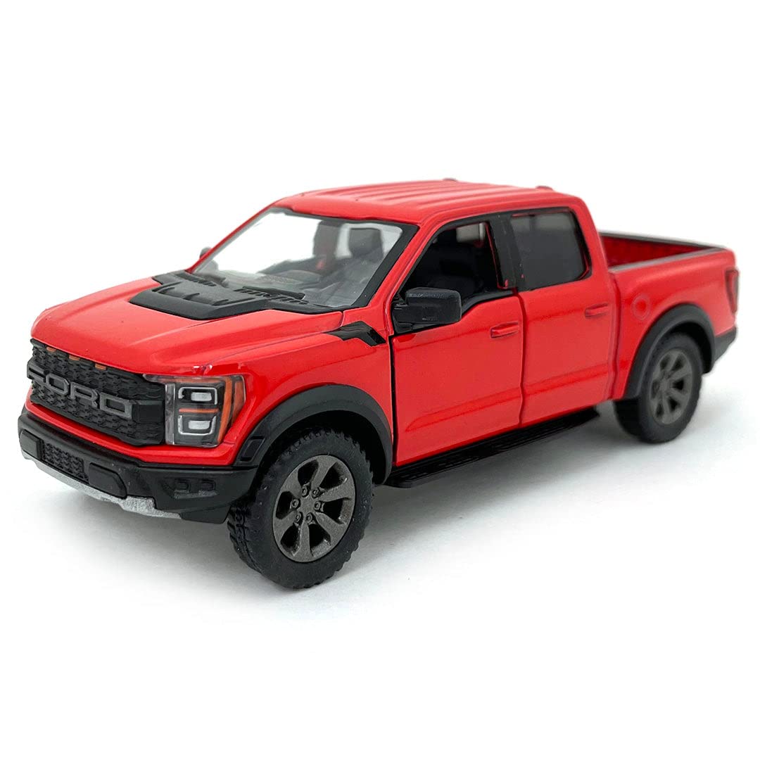 KiNSMART SetOf4 2022 Ford F-150 Raptor 5" 1:46 Scale Die Cast Model Toy Truck Black, White, Red, Blue