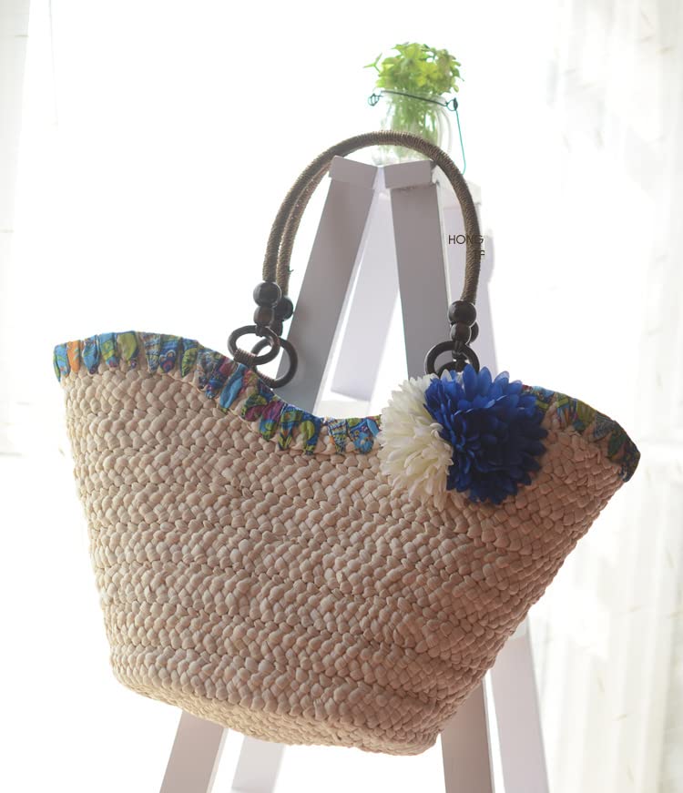 Natural Woven Straw Tote Handbag with Tassels and Pom Pom