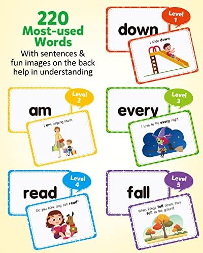 Coogam Sight Words Educational Flashcards - 220 Dolch Sightwords Game with Pictures & Sentences,Literacy Learning Reading Cards Toy for Kindergarten,Home School Kids 3 4 5 Years Old