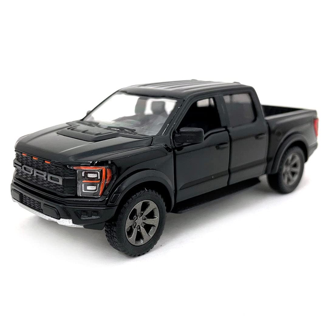 KiNSMART SetOf4 2022 Ford F-150 Raptor 5" 1:46 Scale Die Cast Model Toy Truck Black, White, Red, Blue