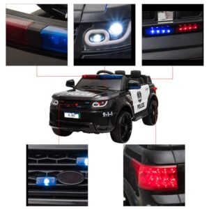 Winado 12V Kids Ride On Police Car Electric Toy w/ 2.4G Parent Remote Control, Battery Powered Vehicle with Flashing Lights, Megaphone Siren Horn, Music, Black