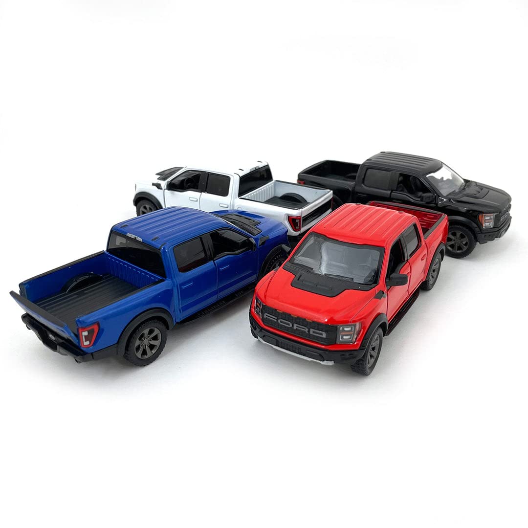 KiNSMART SetOf4 2022 Ford F-150 Raptor 5" 1:46 Scale Die Cast Model Toy Truck Black, White, Red, Blue