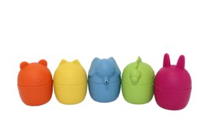 silicone bath toys 5 assorted animals yellow, blue, orange, green, magenta appx. size 2.83'' x 2.27''