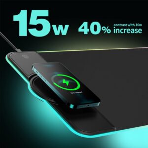 VEWINGL RGB Large Gaming Mouse Pad with Wireless Chargering,15W Fast Wireless Charging Desk Pad,Premium Microfiber Cloth,Non-Slip Base,10 Light Modes Keyboard Pad for Gaming,PC,Laptop 31.5" × 11.81"