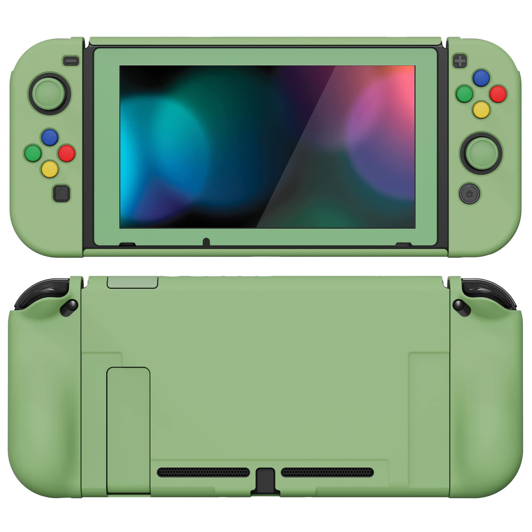 PlayVital AlterGrips Ergonomic Grips Cover for Nintendo Switch, [2 Design] Interchangeable Comfort Dockable Protective Case with Screen Protector & Thumb Grip Buttons Caps - Matcha Green